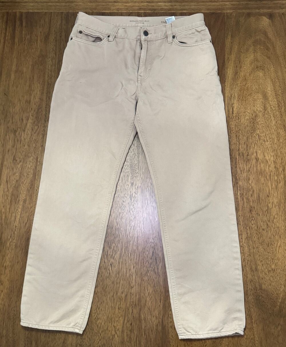 Banana Republic Traveler Mens 33x30 Khaki Beige Slim Fit Stretch 5 Pocket Pants